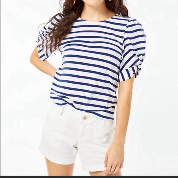 Lilly Pulitzer Elisabette top, navy blue/white stripe, puff sleeve, XXS - Picture 1 of 8